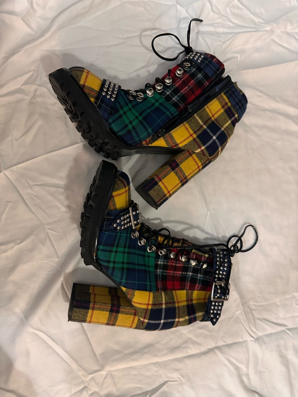 Jeffrey Campbell Plaid Studded Lace-Up Block Heel Boots - Yellow/Green/Blue - Picture 6 of 10